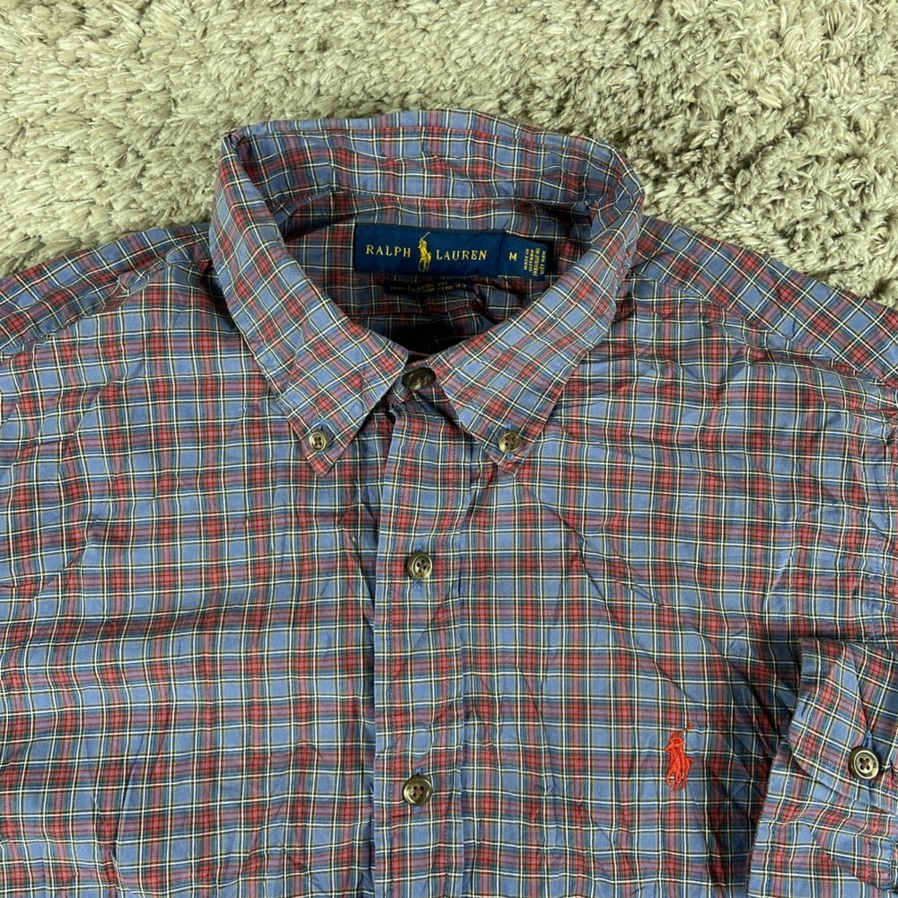 Ralph Lauren Classic Fit Men M Blue Plaid Long Sleeve Button Down Cotton Stretch
